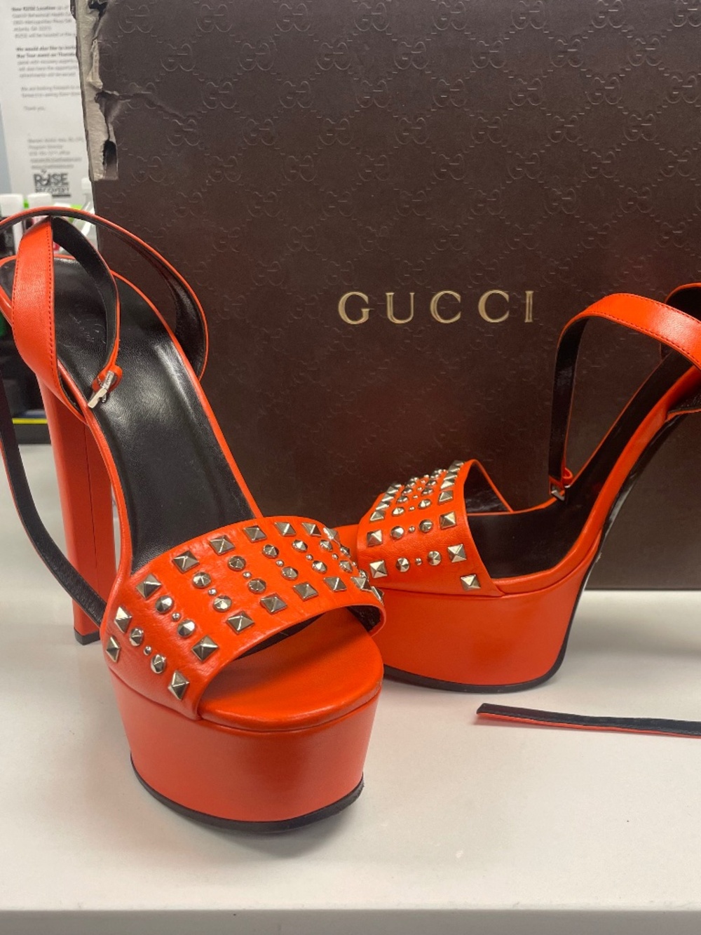 Authentic Gucci Malaga Kid Studded Platform Sandals – Vibrant Orange – Size 41